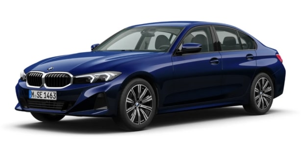 BMW 3er Limousine in der Farbe Blau als Neuwagen in Frontansicht ohne Hintergrund