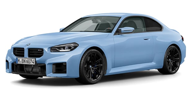 BMW 2er Coupé M Automobil in der Farbe hellblau als Neuwagen in Frontansicht ohne Hintergrund