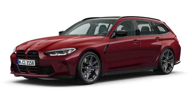 BMW 3er Competition Touring M Automobil in der Farbe Rot als Neuwagen in Frontansicht ohne Hintergrund