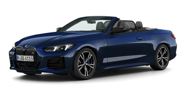 BMW 4er Cabrio M Automobil in der Farbe Blau als Neuwagen in Frontansicht ohne Hintergrund