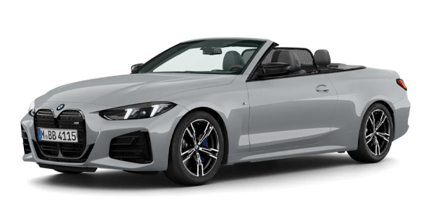 BMW 4er Cabrio M Automobil in der Farbe Silber als Neuwagen in Frontansicht ohne Hintergrund