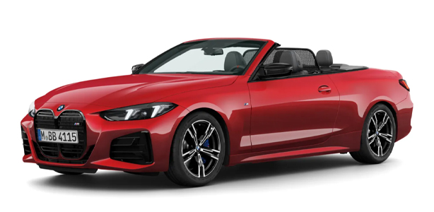 BMW 4er Cabrio M Automobil in der Farbe Rot als Neuwagen in Frontansicht ohne Hintergrund