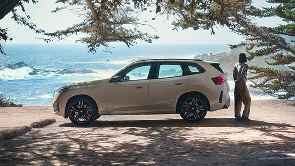 Seitenansicht der Fahrerseite eines grauen BMW X3 parkend am Strand mit Meer im Hintergrund