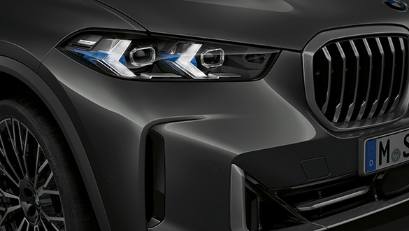 Frontscheinwerfer mit blauen Designelementen und Niere eines BMW X5.