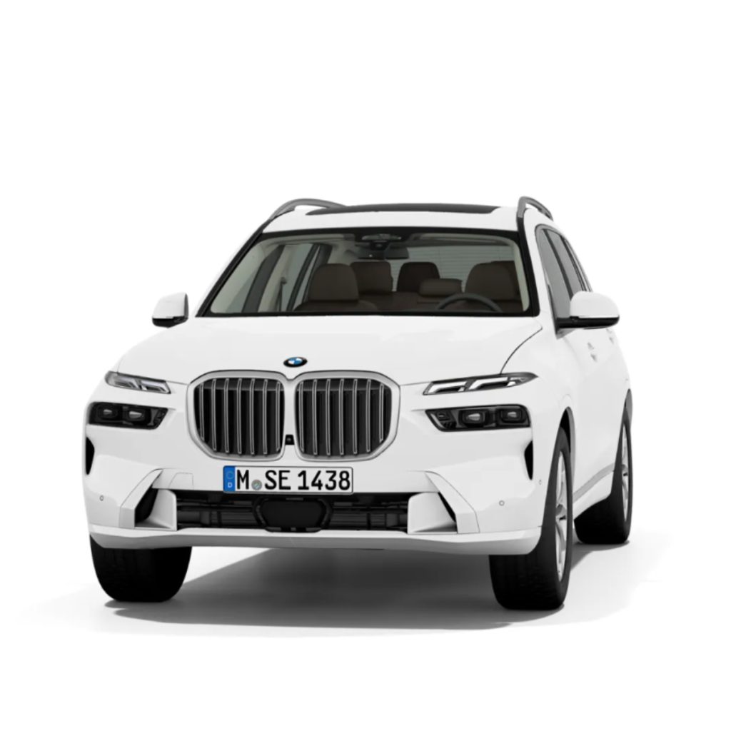 Studioaufnahme eines BMW X7 in der Farbe Weiß vor einem weißen Hintergrund.