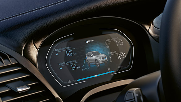 Digitales Instrumentendisplay des BMW iX3 mit Angaben zur Reichweite, Ladezustand und mehr