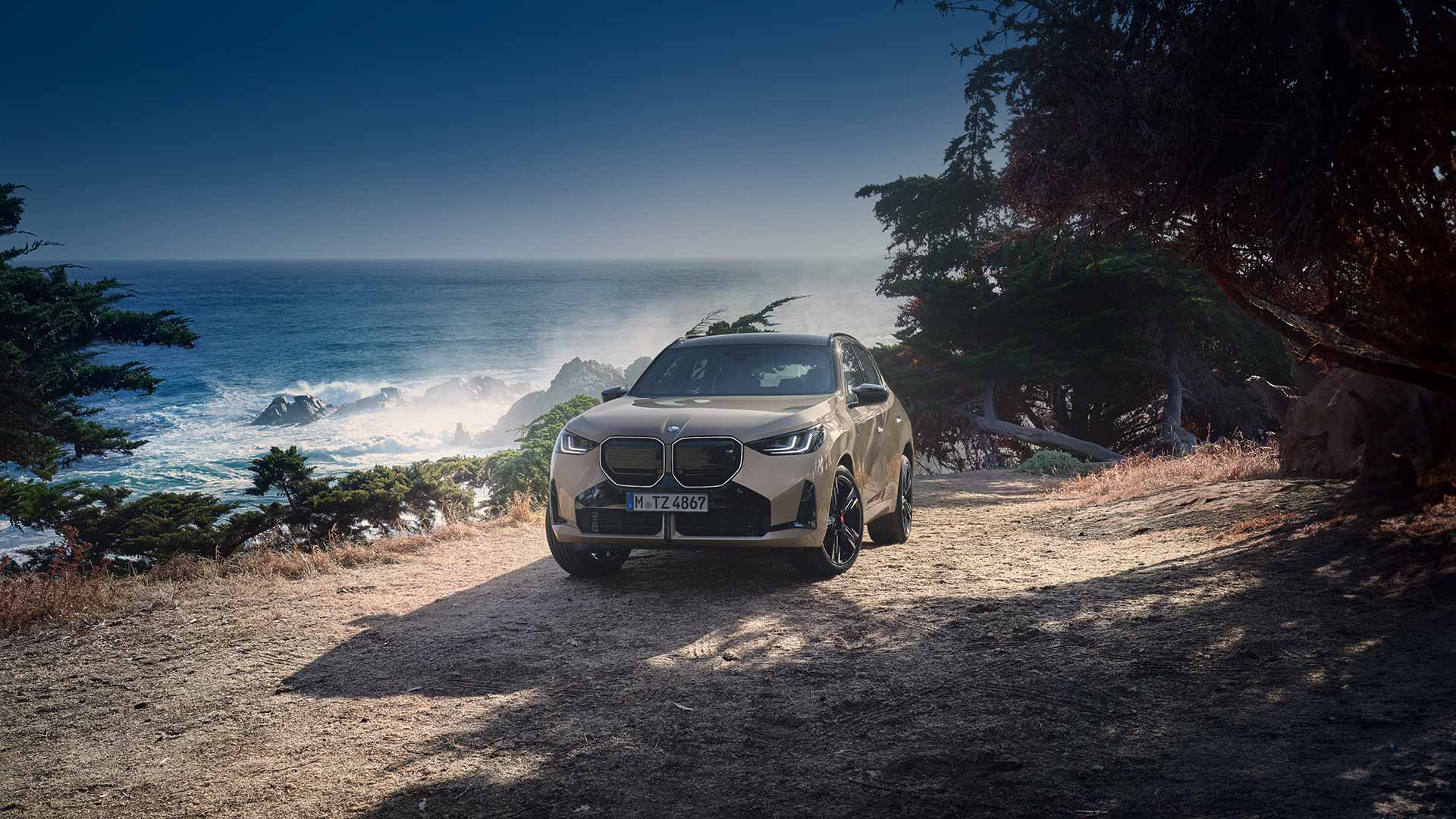 Grauer BMW X3 parkend am Strand mit dem Meer im Hintergrund, Fokus auf die Front mit der markanten BMW Niere