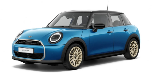 MINI 5-Türer in der Farbe Blau als Neuwagen in Frontansicht ohne Hintergrund