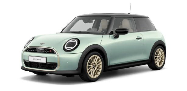 MINI Cooper in der Farbe grün als Neuwagen in Frontansicht ohne Hintergrund