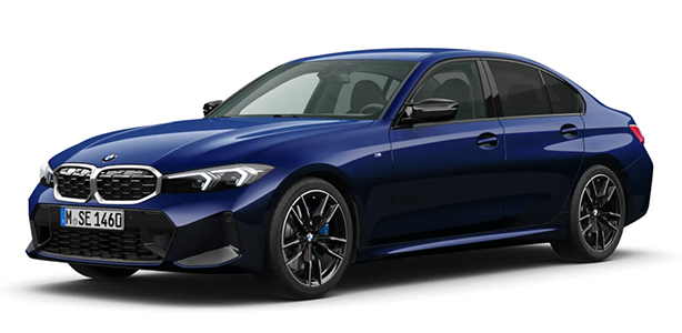 BMW M340i Limousine in der Farbe Blau als Lagerwagen in Frontansicht ohne Hintergrund