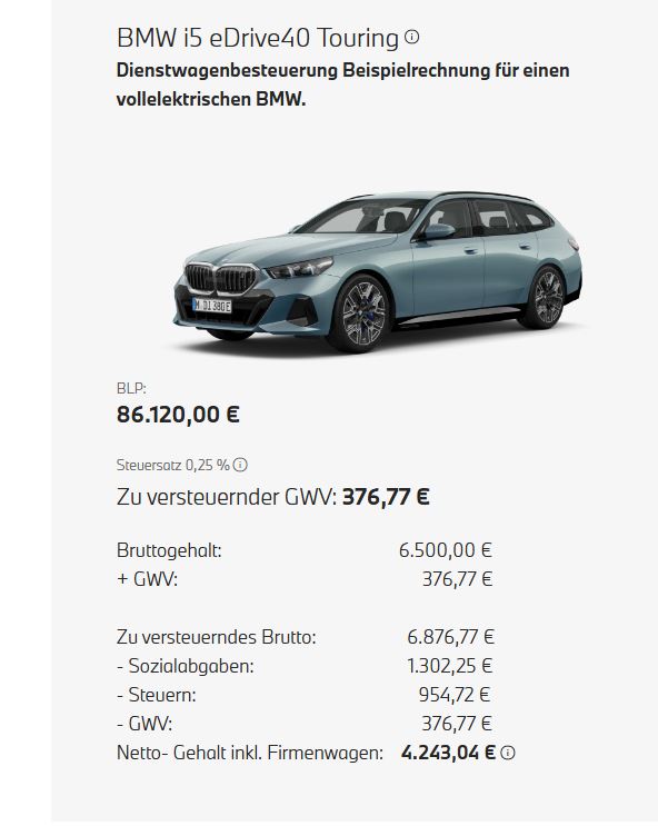 Auflistung einer Beispielrechnung inklusive Bild von einem BMW i5 Touring