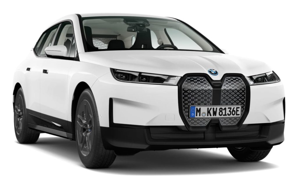 BMW iX xDrive40 in Alpinweiß uni mit 20" Aerodynamikräder, Dunkelgrau matt Neuwagen (2025)