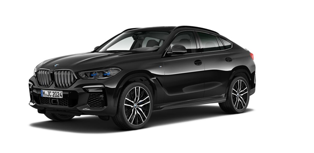 BMW X6 in der Farbe schwarz als Neuwagen in Frontansicht ohne Hintergrund