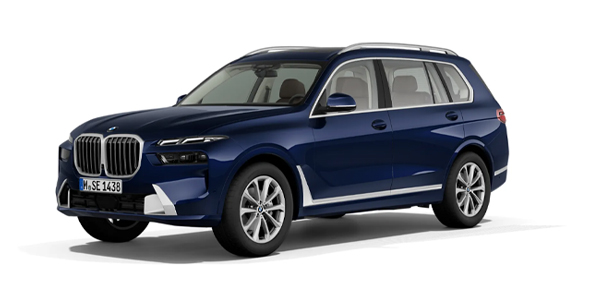 BMW X7 in der Farbe dunkelblau als Neuwagen in Frontansicht ohne Hintergrund