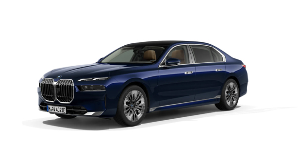 BMW 7er Limousine PHEV in der Farbe dunkelblau als Neuwagen in Frontansicht ohne Hintergrund