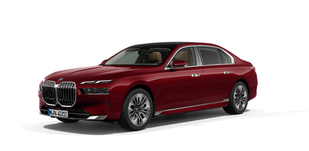 BMW 7er Limousine PHEV in der Farbe dunkelrot als Neuwagen in Frontansicht ohne Hintergrund