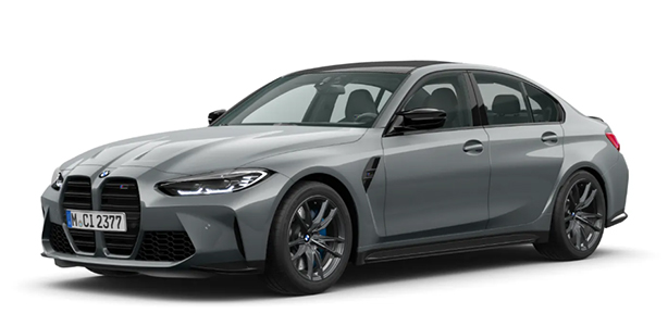 BMW 3er Limousine M Automobil in der Farbe Grau als Neuwagen in Frontansicht ohne Hintergrund