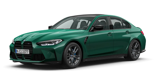 BMW 3er Limousine M Automobil in der Farbe Grün als Neuwagen in Frontansicht ohne Hintergrund