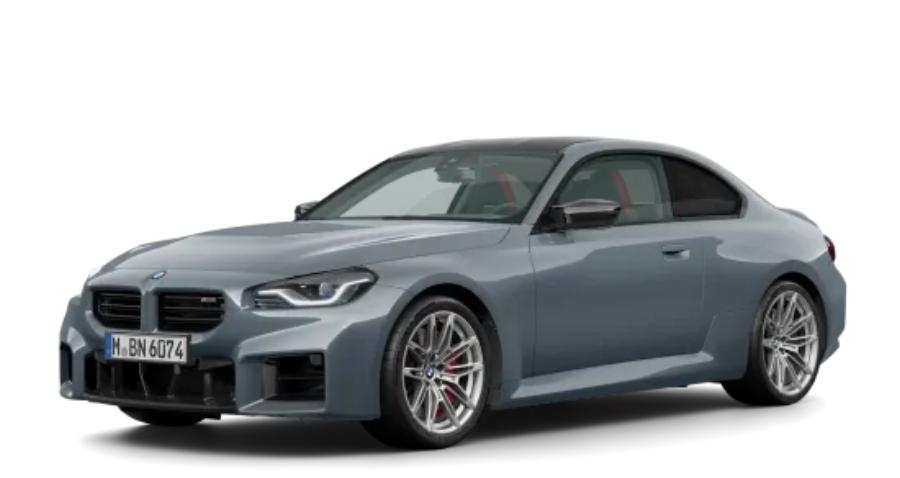 Graues BMW 2er Coupé M Automobil vor weißem Hintergrund.
