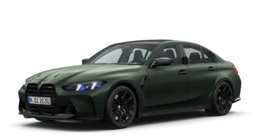 Grüne BMW 3er Limousine M Automobil vor weißem Hintergrund.