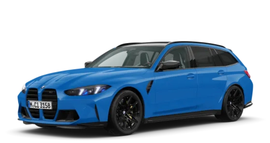 Blauer BMW 3er Touring M Automobil vor weißem Hintergrund.