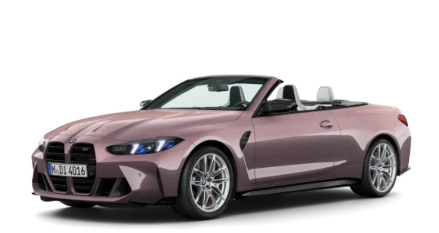 Rosa BMW 4er Cabrio M Automobil vor weißem Hintergrund.