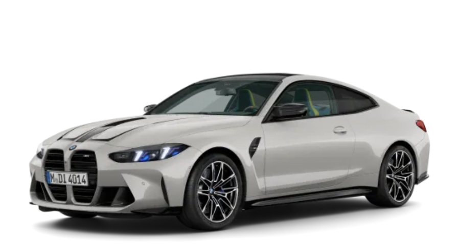 Graues BMW 4er Coupé M Automobil vor weißem Hintergrund.