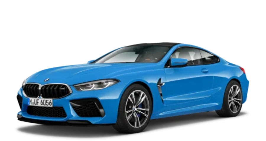Blaues BMW 8er Coupé M Automobil vor weißem Hintergrund.